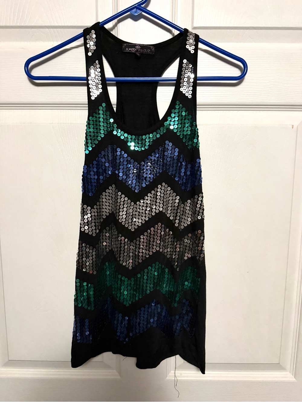 Almost Famous Black Sequin Chevron Tank with Green, Blue, Silver Accents